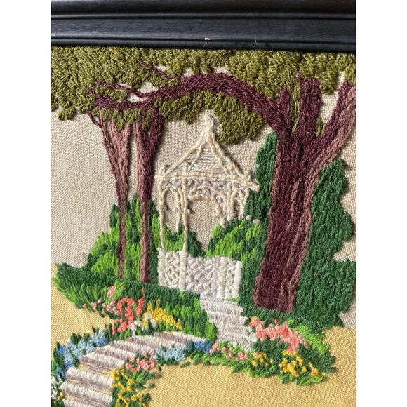 Vtg Framed Crewel Embroidery Springtime Gazebo Needlepoint Floral Grandmacore - Picture 8 of 16
